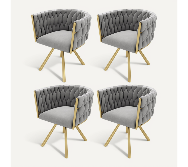 Lot De 4 Chaises Salle à Manger Pivotant Sur 360° Avec Accoudoirs En Velours Gris Pieds En Métal Or