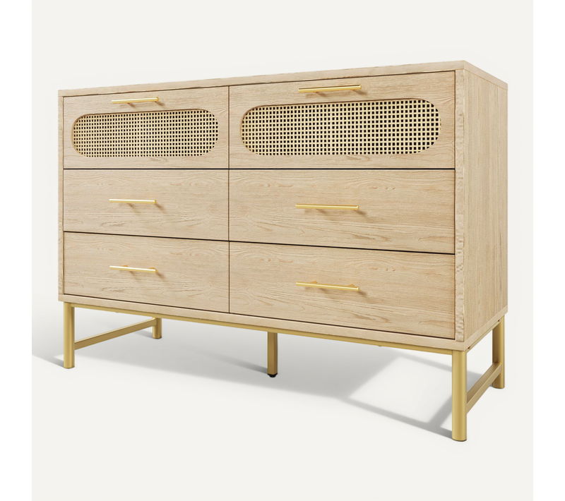 Commode Scandinave 6 Tiroirs Bois Clair – Pieds Dorés – Meuble Rangement Moderne