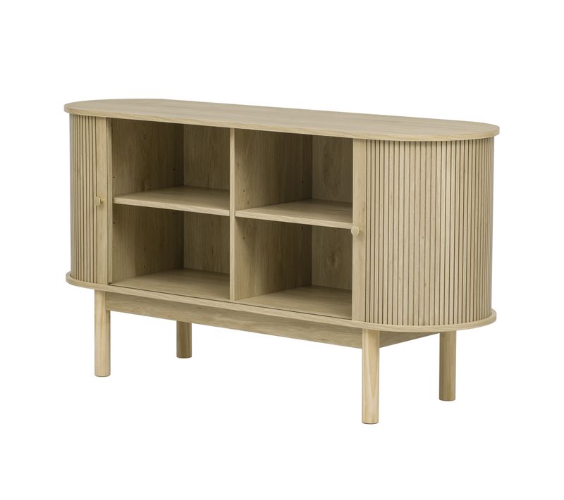 Buffet Scandinave Bois Clair – 4 Niches Ouvertes – Design Arrondi Et Finition Rainurée Moderne
