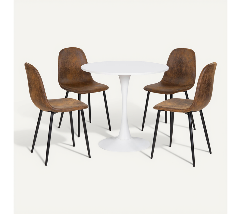 Table ronde blanche avec 4 chaises suédine marron confortables pieds en métal noirs