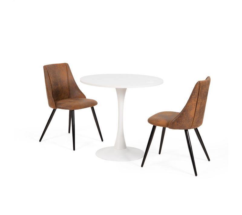 Ensemble table ronde blanche MDF style tulipe avec 2 chaises marron industriel pieds métal noir