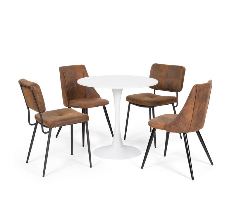 Table ronde blanche pied tulipe avec 4 chaises vintage marron style industriel en métal