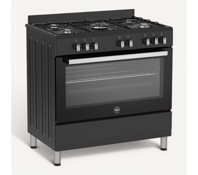 Cuisinière Gaz Pose Libre 90 Cm Noire, 5 Foyers, Four Électrique 95 L