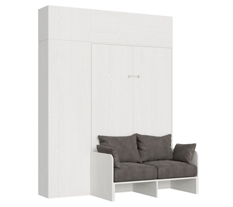 Armoire Lit Escamotable Vertical 140 Kentaro Sofa Avec Colonne Et Élements Hauts Frêne Blanc