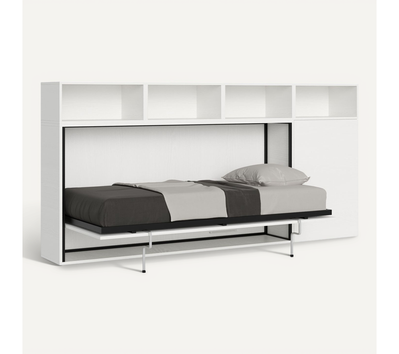 Armoire Lit Escamotable Horizontal 1 Couchage 85 Kando Avec Matelas Composition à Frêne Blanc