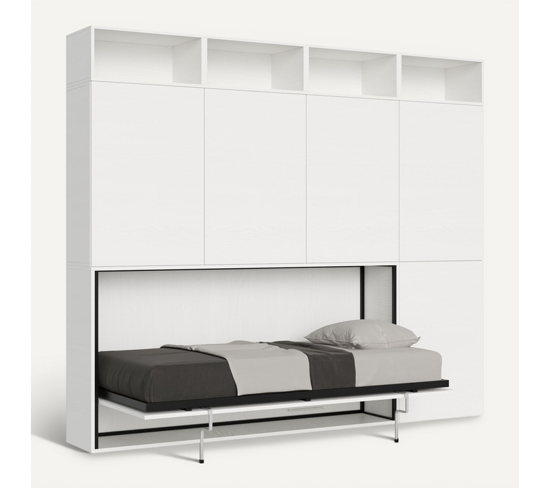 Armoire Lit Escamotable Horizontal 1 Couchage 85 Kando Avec Matelas Composition B Frêne Blanc
