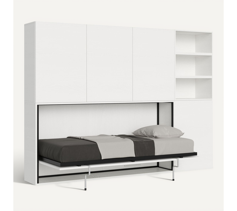 Armoire Lit Escamotable Horizontal 1 Couchage 85 Kando Avec Matelas Composition F Frêne Blanc