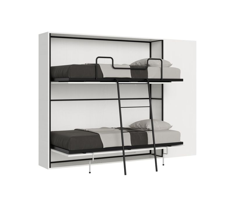 Armoire Lit Escamotable Horizontal Superposé 2 Couchages 85 Kando Avec Matelas Comp.h Frêne Blanc