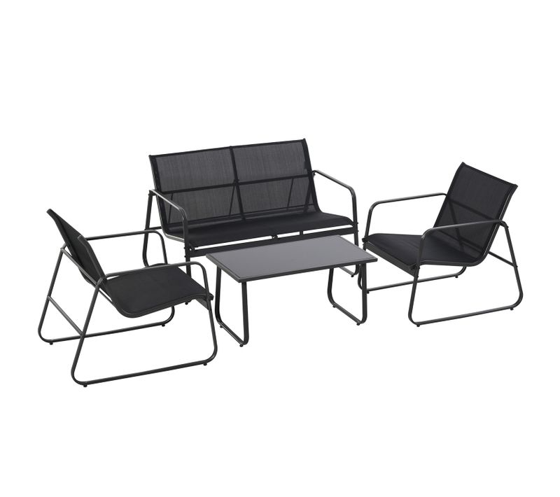 Sakura - Set De Jardin - Canapé + 2 Fauteuils + Table Basse En Fer Forgé Et Verre Trempé