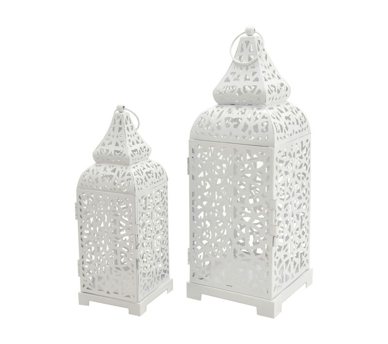 Lot 2 Bougeoirs Lanternes Entrée Métal Blanc 39x14,5x14,5