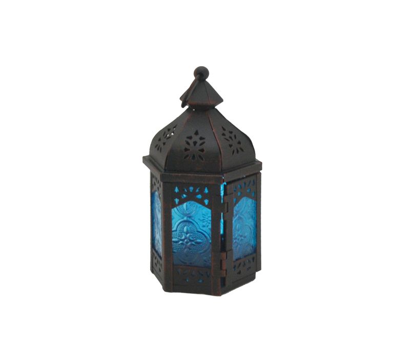 Bougeoir Style Marocain Bleu Noir Métal Verre 17x9x8