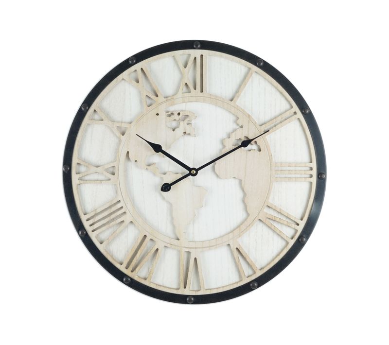 Grande Horloge Murale Monde Rétro, Noir Blanc Shabby, Chiffres Romaine 50 Cm