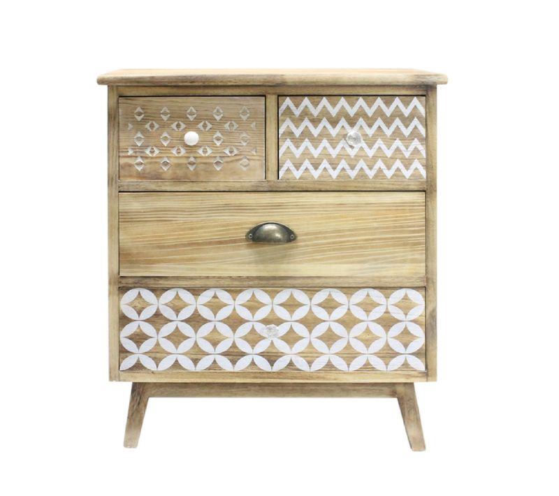 Commode 4 Tiroirs En Bois Clair Shabby Boho Pour La Cuisine L'entrée