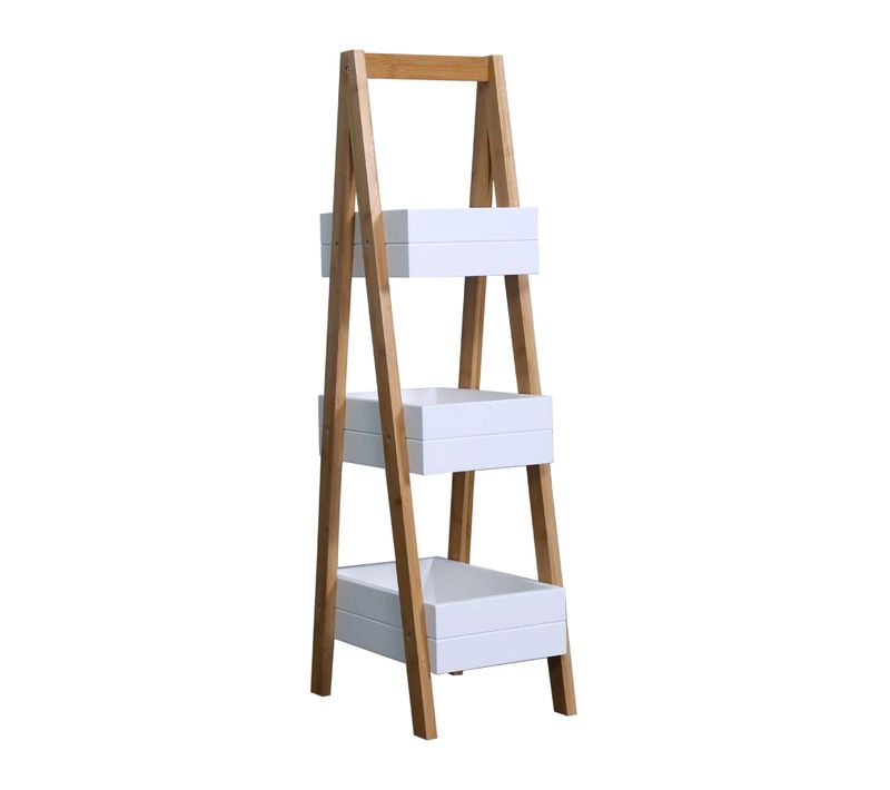 Étagère De Salle De Bain En Echelle Avec 3 Etagères Mdf Bambu Blanc Brun
