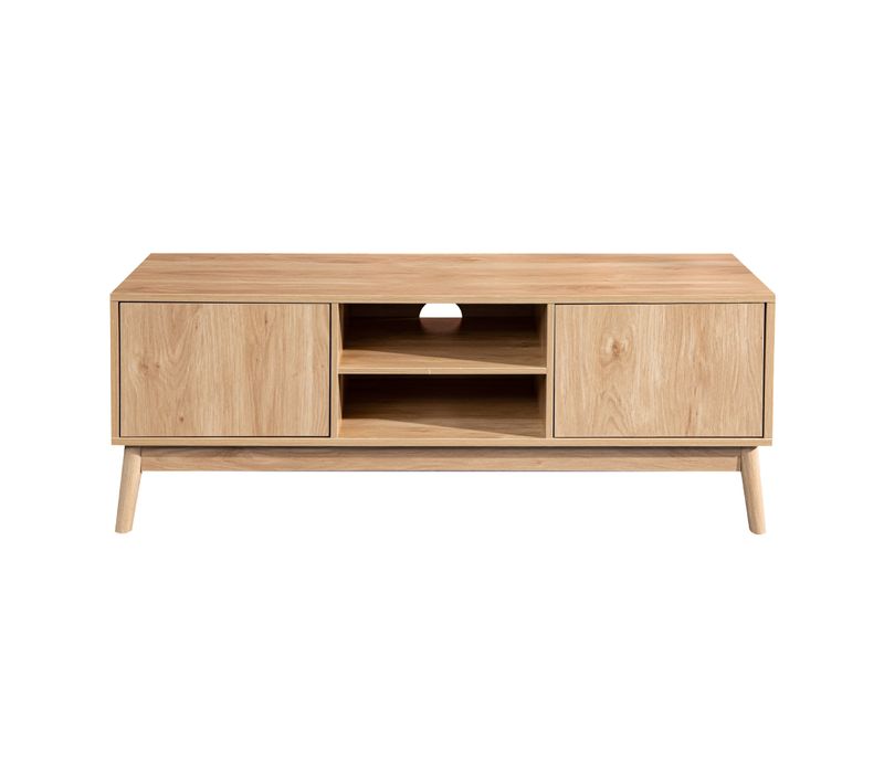 Meuble TV Buffet Bas En Bambou Mdf 2 Portes Étagères Pour Salon