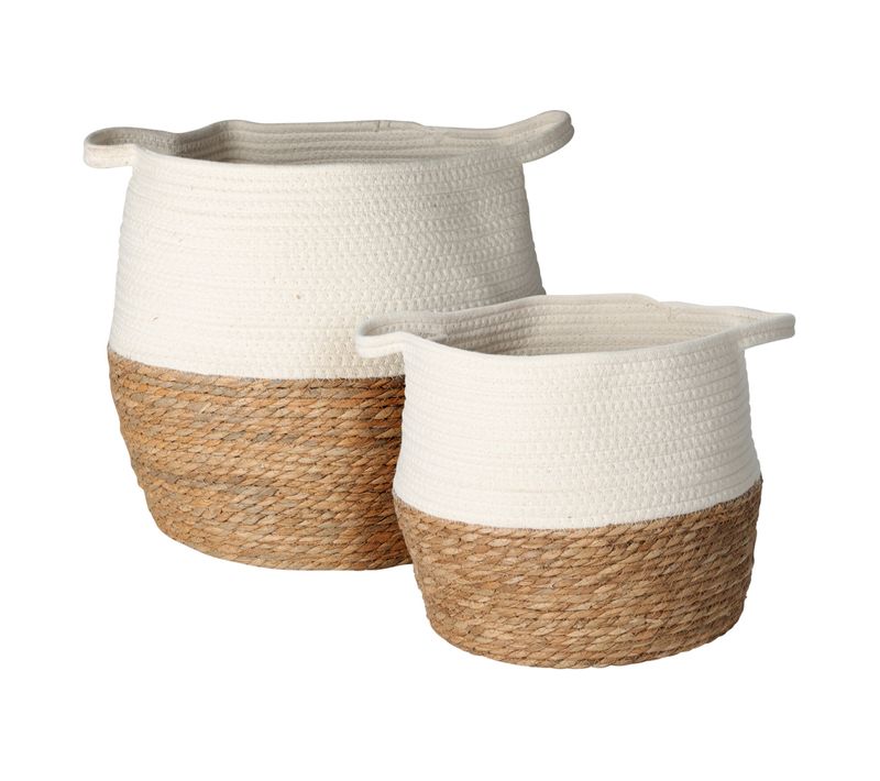 Lot De 2 Paniers à Linge Polyvalents Blancs Marrons Coton Paille