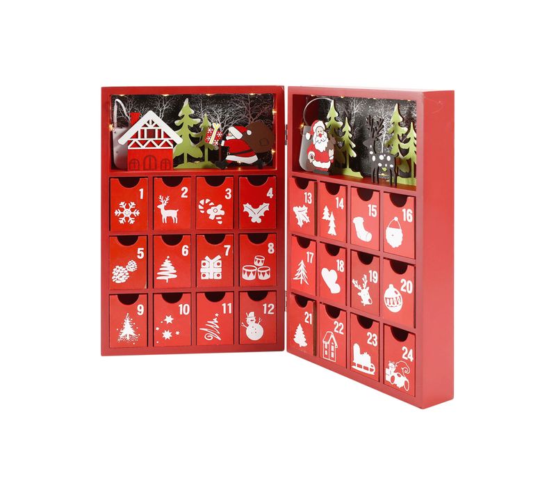 Calendrier De L'avent à Remplir Avec Tiroirs Et Lumières En Bois Rouge Idées Cadeaux