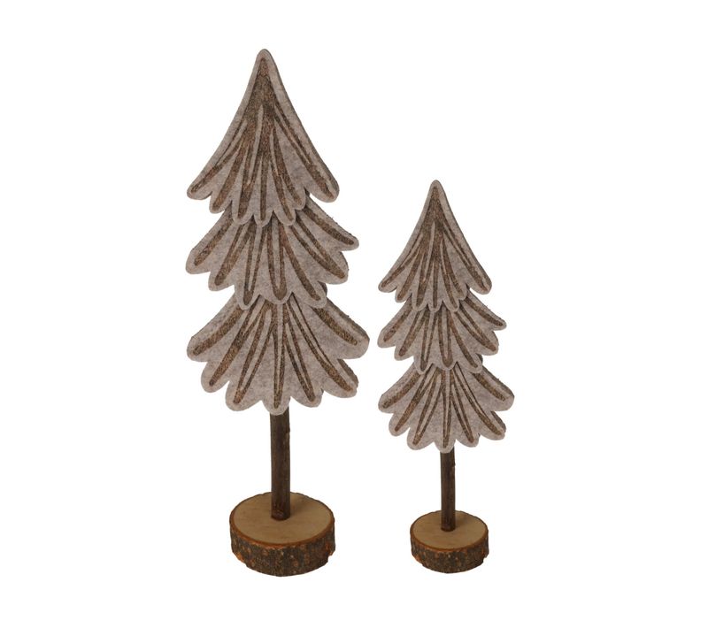 Ensemble De 2 Mini Sapins De Noël En Feutre Gris Marron Avec Socle En Bois