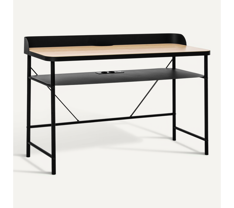 Hariyang - Bureau En Métal Avec Étagère En Bois 120x50 Cm Équipé De 2 Prises Shuko Et 2 Ports USB