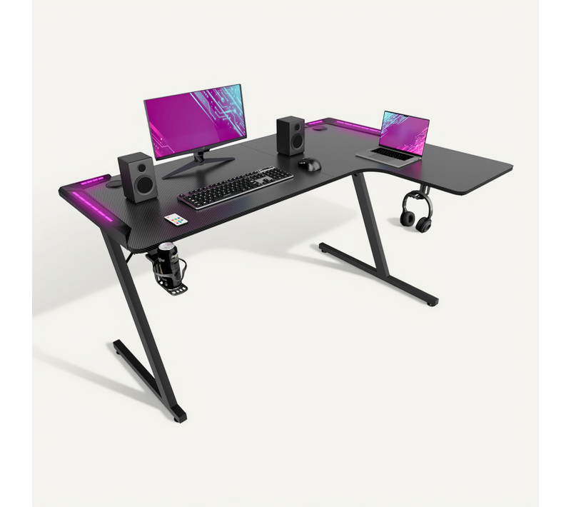 Shigeru - Bureau Gaming D'angle 140x99x76 Cm Avec LED En Mdf Et Métal Noir