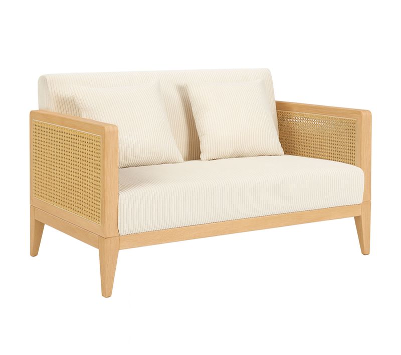 Artena Duo - Canapé 2 Places 143x80x84,5 Cm En Bois Massif Et Polyrattan Chêne Avec Coussins Blancs