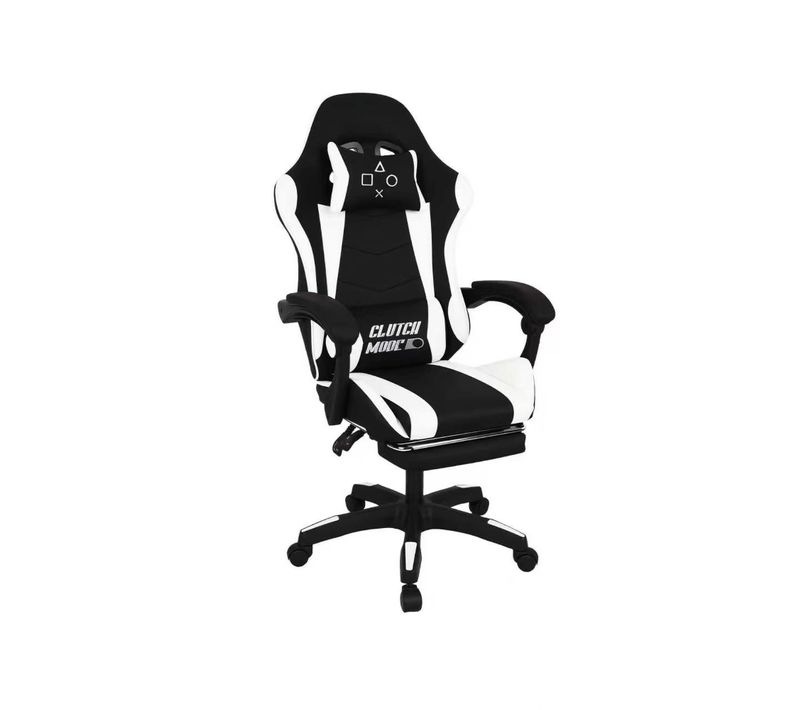 Clutch - Chaise De Gaming Ergonomique Avec Coussin Lombaire, Repose-pieds En Pvc Noir Et Blanc