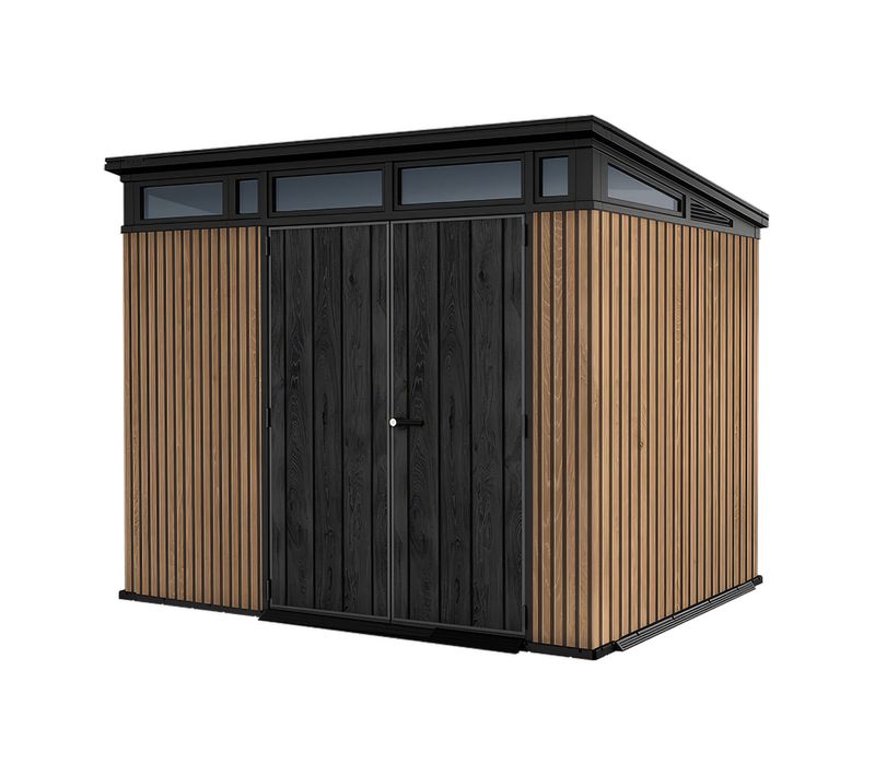 Pent 9x7 - Abri De Jardin 279x226x218 Cm 2 Portes Rangement Outils Evotech+ Résine Marron/noire