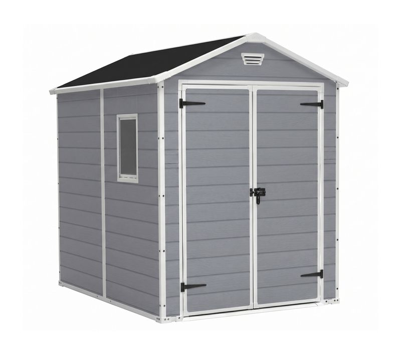Manor 6x8 - Abri De Jardin 185,80x227x236,80 Cm 2 Portes Rangement Outils Résine Gris