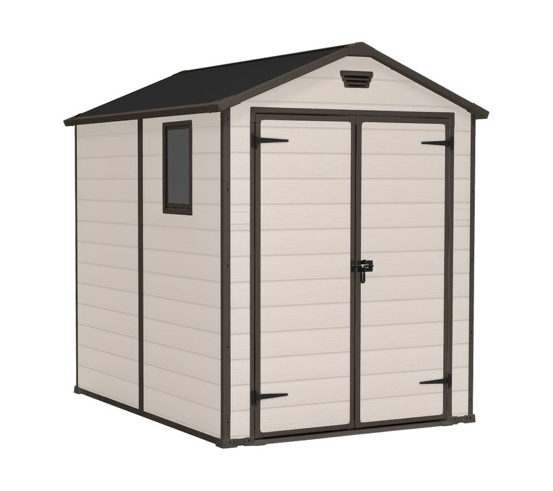 Manor 6x8 - Abri De Jardin 185,80x227x236,80 Cm 2 Portes Rangement Outils Résine Beige
