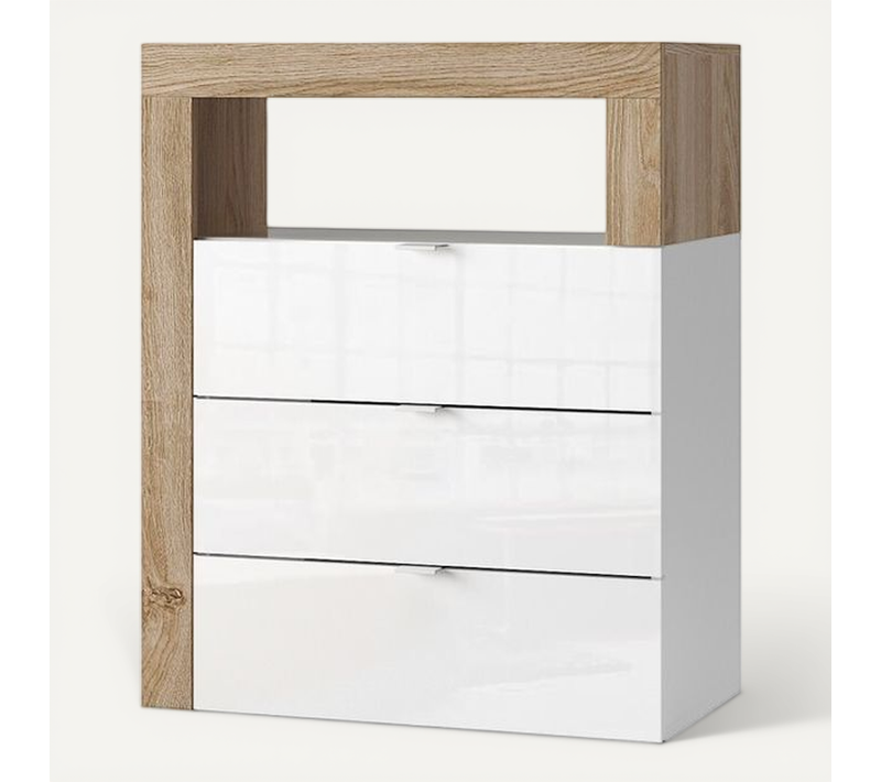 Commode Bicolore En Blanc Brillant Et Chêne De Cadix