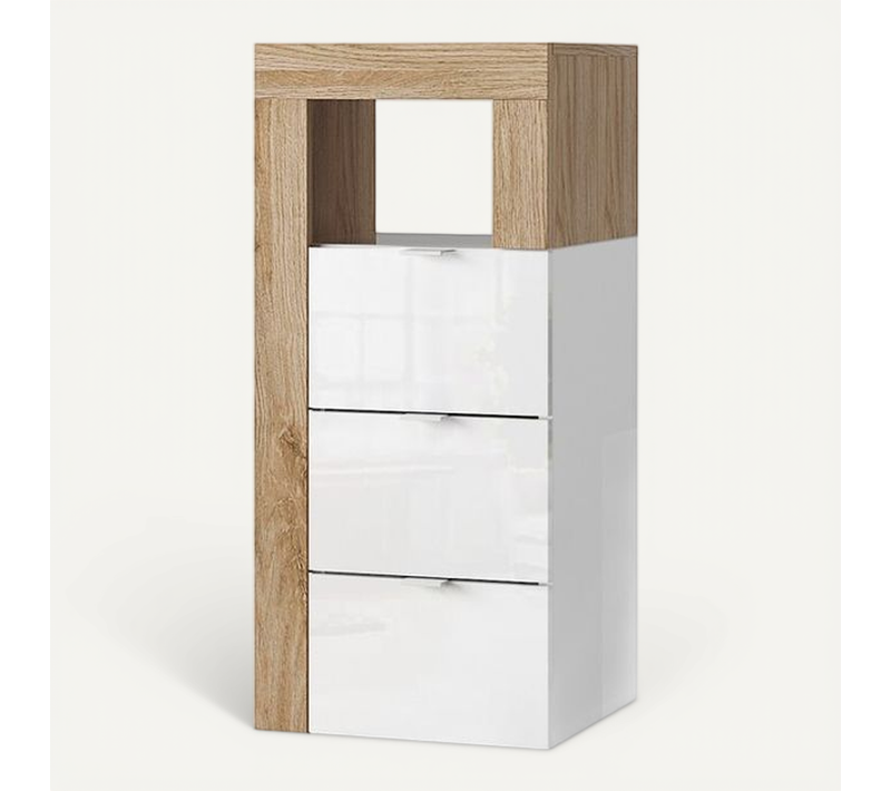Commode Bicolore à 3 Tiroirs En Blanc Brillant Et Chêne De Cadix