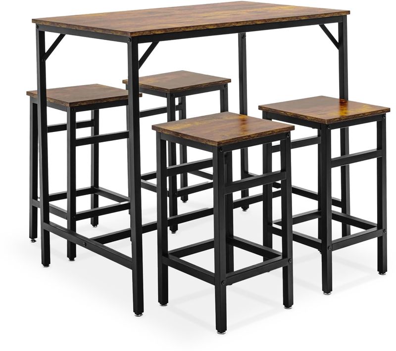 Sabi - Table De Bar Avec 4 Tabourets Carrés De Style Industriel, Ensemble Coin Petit-déjeuner