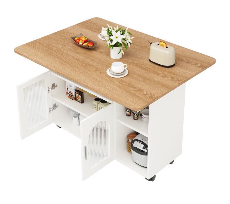 Buffet 120×30×79,5cm, Meuble De Cuisine Moderne, Plateau De Table Pliant, Avec Roulettes, Mdf, Blanc