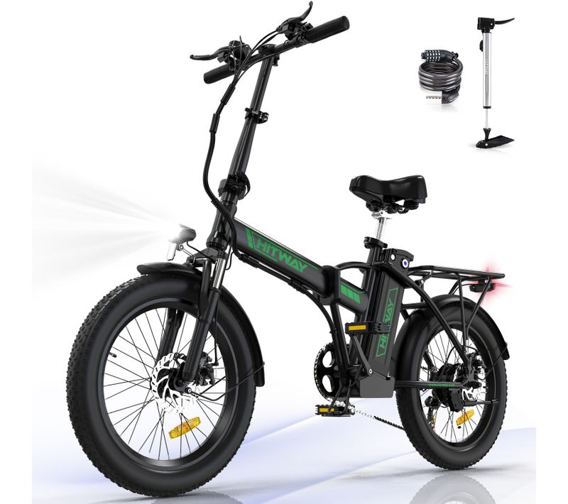 Vélo Électrique Pliable 20*3.0" E-bike Noir Vert - Batterie Amovible 36v12ah - Ecran LCD