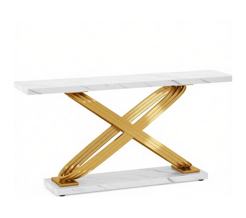 Table Console 140x35x80 Cm Avec Effet De Marbre, Cadre En Métal Doré, Plateau En Bois, Blanc