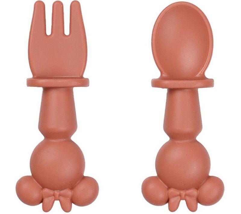 Set 2 Pièces Couverts Bébé Silicone Minnie - Cuillère et Fourchette, Sans Bpa, Rose