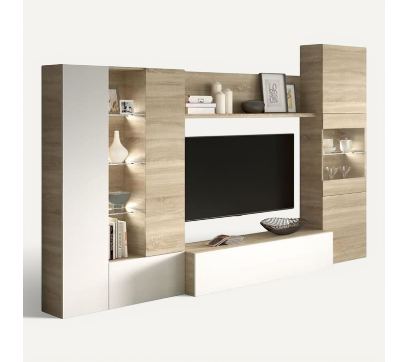 Essencial Meuble TV Avec LED Classique - Blanc Brillant Et Décor Chêne - L 260 Cm