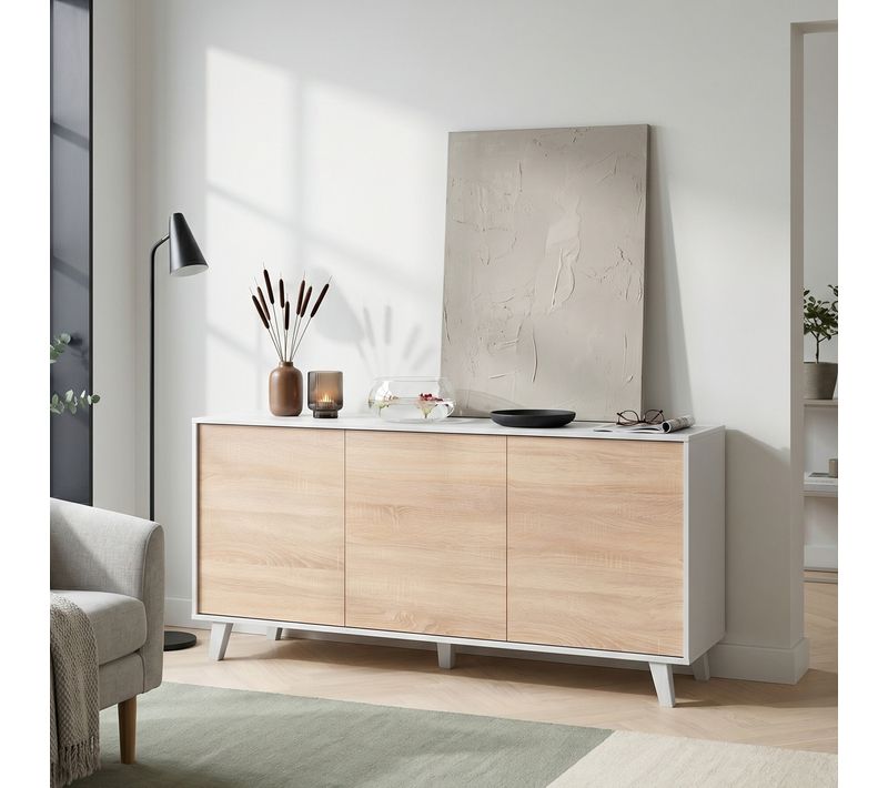 Buffet 3 portes ZAIKEN imitation chêne et blanc brillant