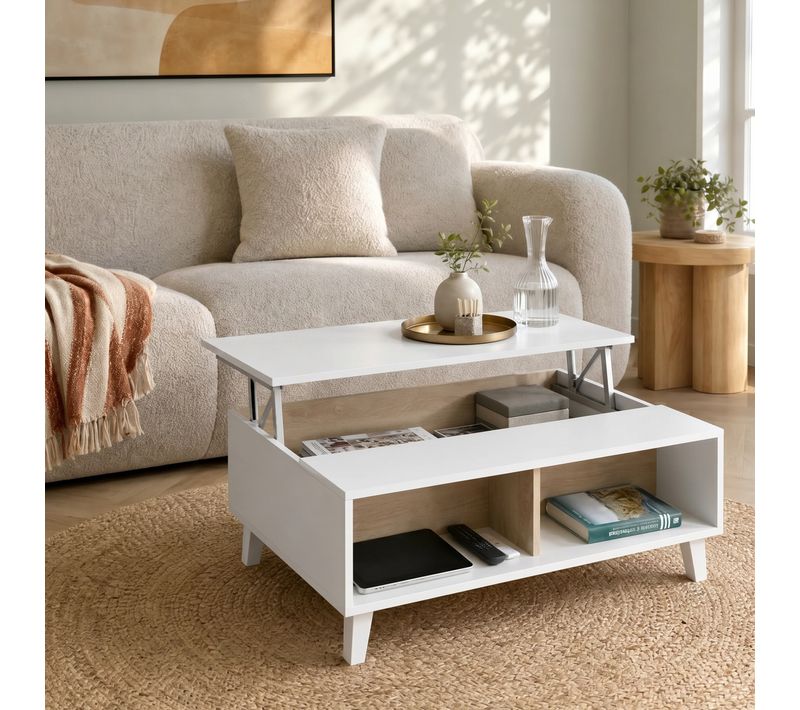 Table basse avec plateau relevable ZAIKEN chêne et blanc brillant