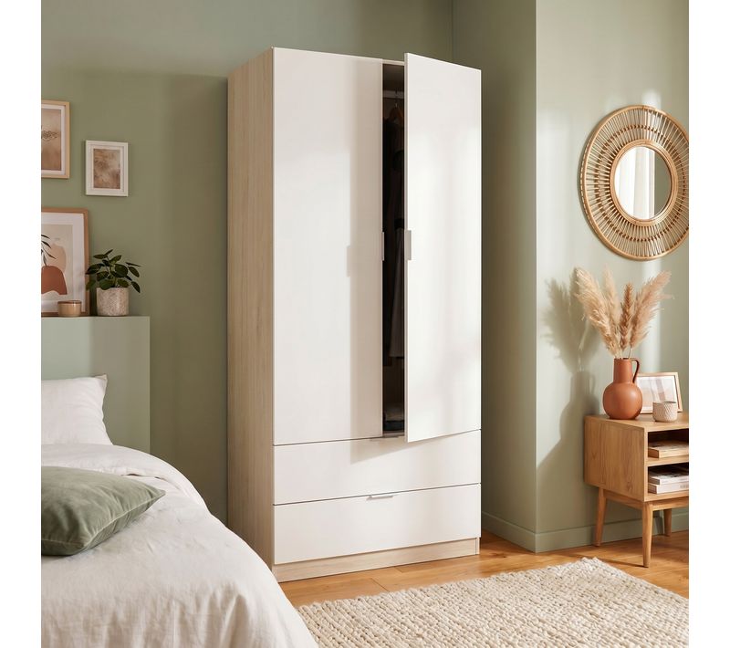 Armoire 2 portes 2 tiroirs L.81 cm LINEA Imitation chêne et blanc