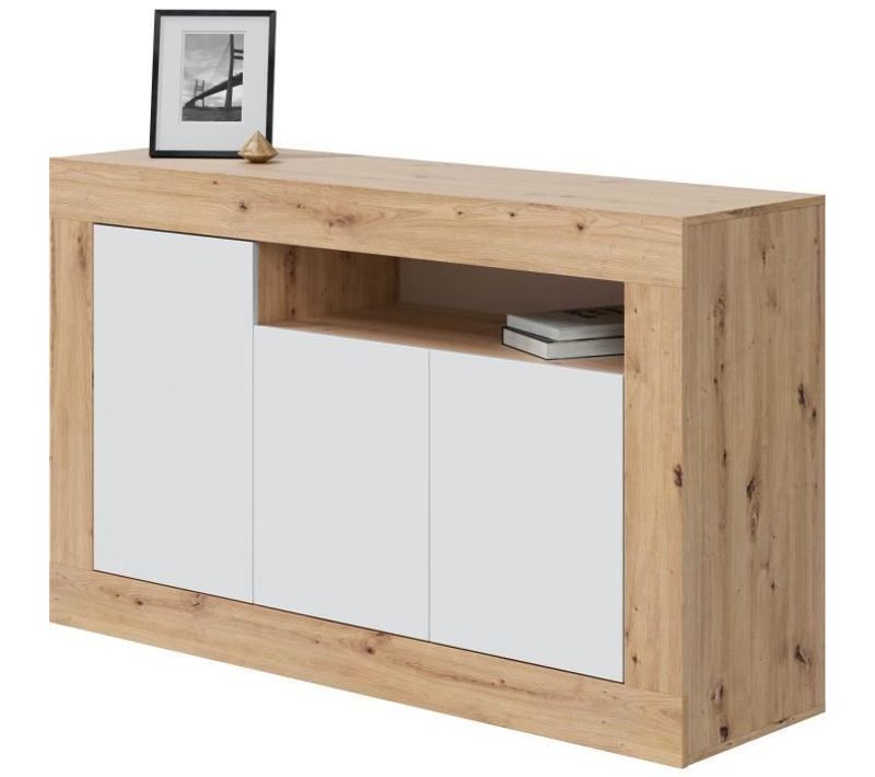Buffet - Baltik - Mélaminé 3 Portes + 1 Niche De Rangement - Chene Nodi Et Blanc - L 144xp44xh87 Cm