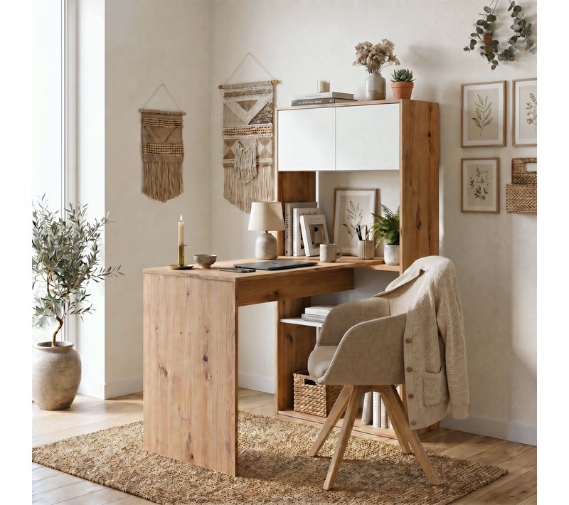 Bureau modulable avec étagères DUO imitation chêne et blanc