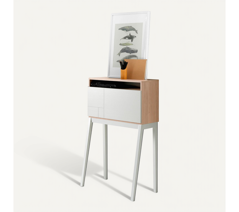 Bureau Fabriqué En Mélamine Et Hêtre Massif, Modèle Bristol, En Couleur Chêne Clair Et Blanc.