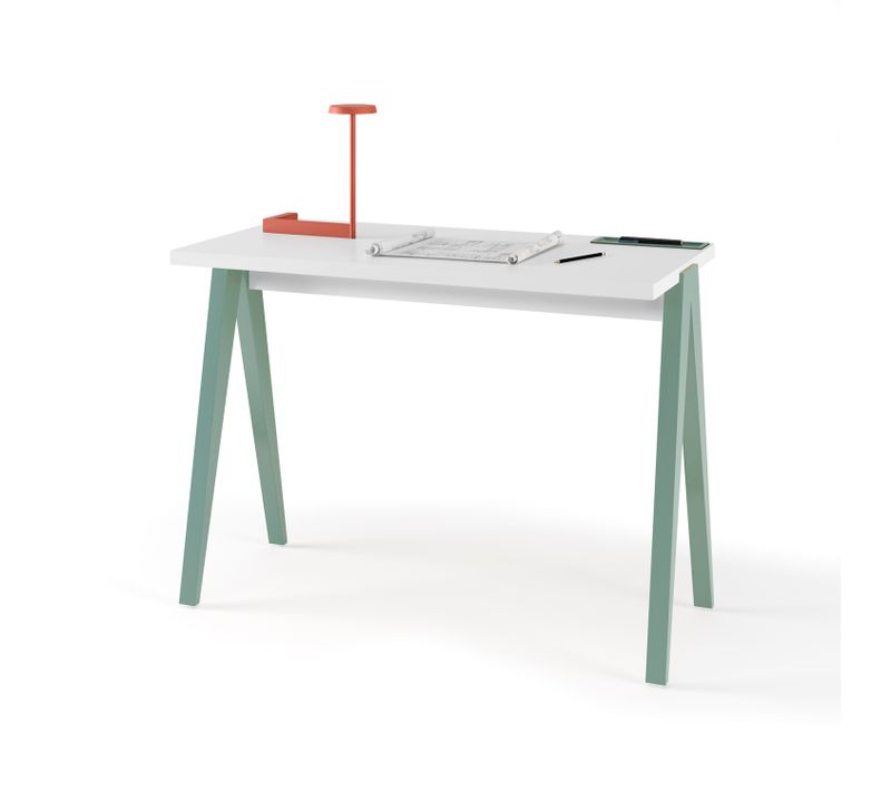 Bureau Fabriqué En Mélamine Avec Pieds En Hêtre Massif, Modèle Compas En Couleur Blanc Et Vert