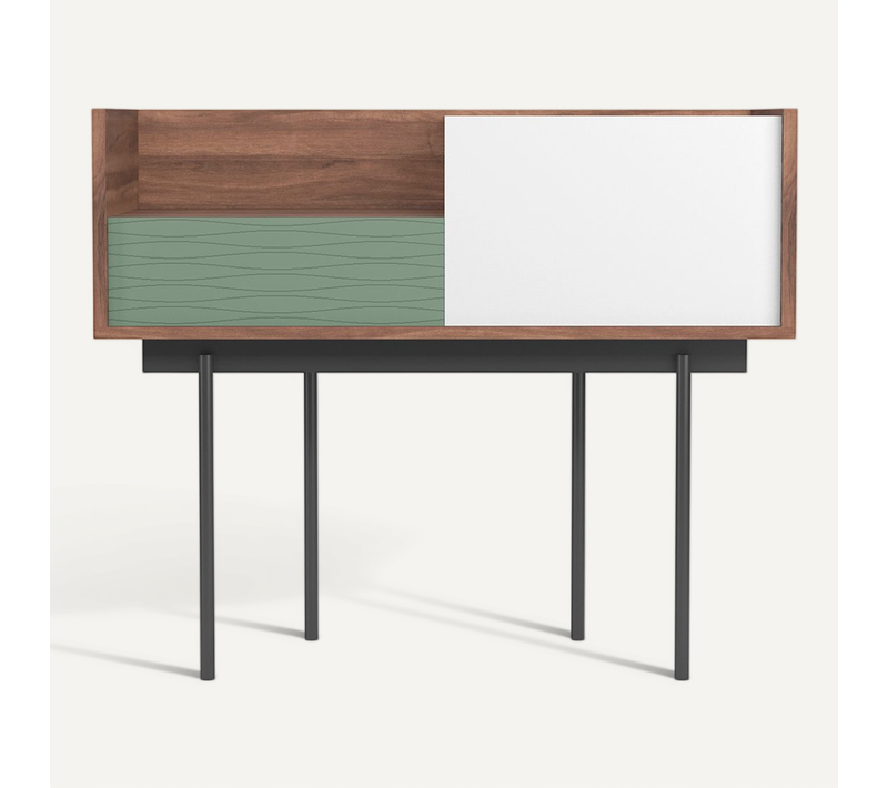 Table Console, Modèle Diplomat 671 De Herdasa, En Mélamine Et Métal, Noyer-vert-blanc Serigraphié