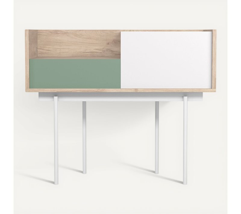 Table Console, Mod Diplomat 671 De Herdasa, En Mélamine Et Métal, Couleur Chêne Clair-vert-blanc
