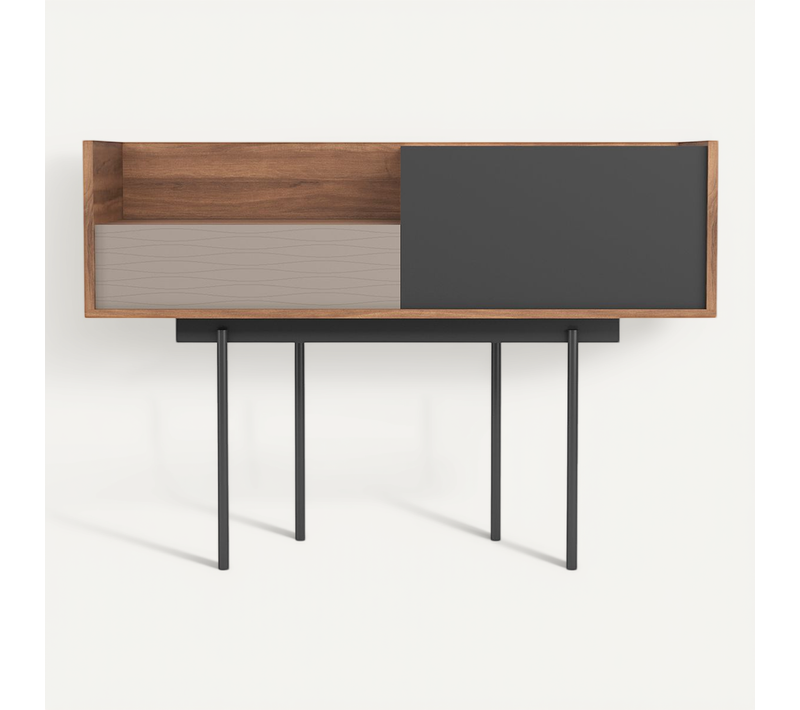 Table Console, Mod Diplomat 673 De Herdasa, En Mélamine Et Métal, Noyer-taupe-graphite Serigraphié