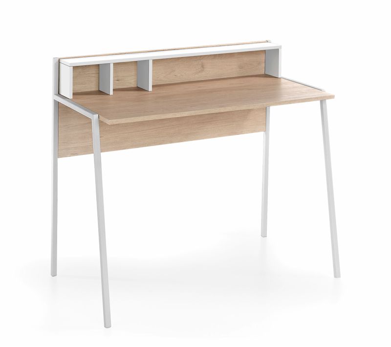 Bureau Fabriqué En Mélamine Et Métal, Modèle Helsinki En Couleur Chêne Clair Et Blanc