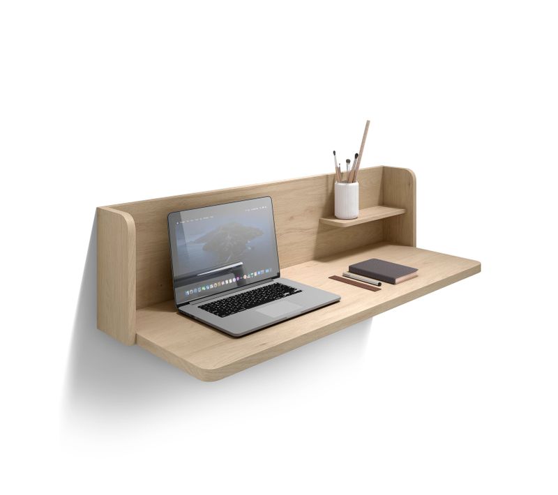 Bureau Mural Fabriqué En Mélamine, Modèle Valencia, En Couleur Chêne Clair