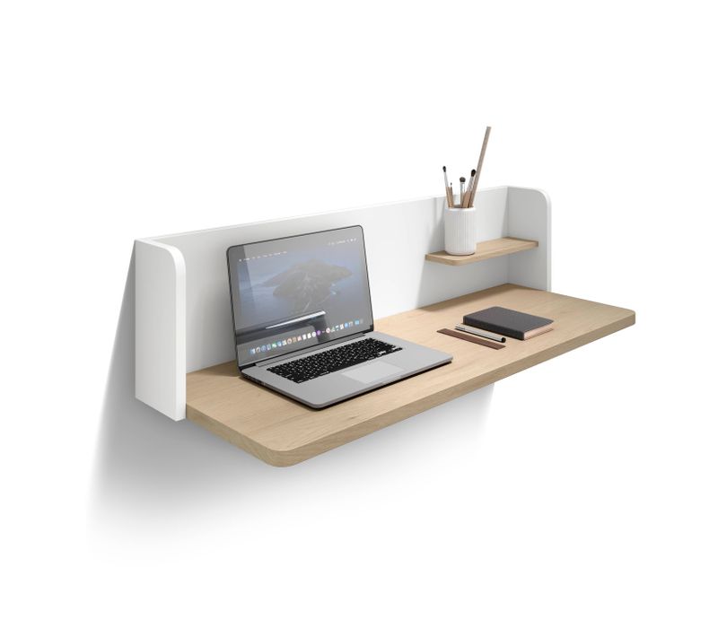 Bureau Mural Fabriqué En Mélamine, Modèle Valencia, En Couleur Chêne Clair Et Blanc